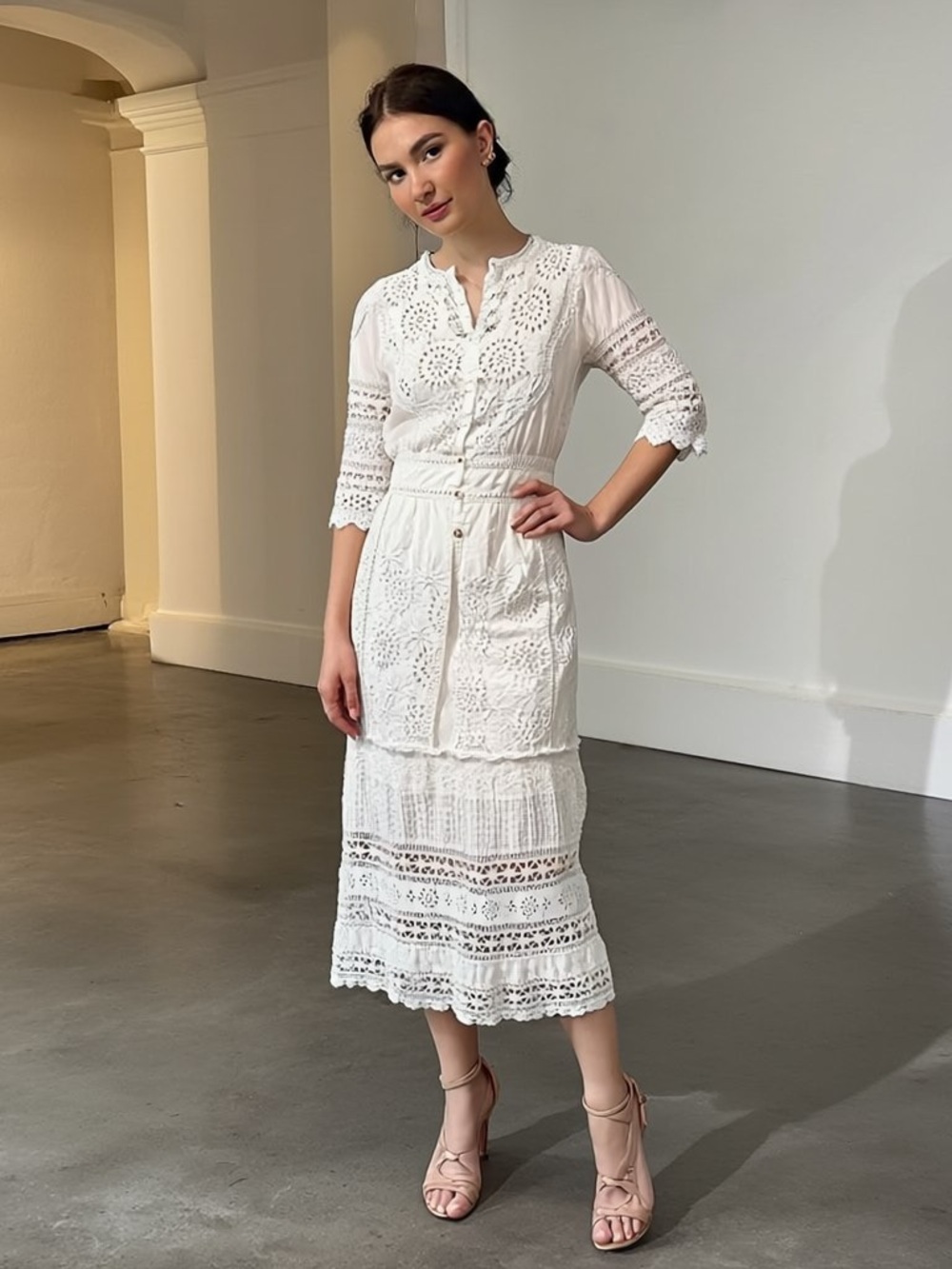 LoveShackFancy White Crochet Eyelet Midi Dress